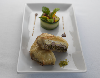 Recipe - Quail and pistachio pastilla, cinnamon jus, mint and cilantro salad Recipe - Quail and pistachio pastilla, cinnamon jus, mint and cilantro salad