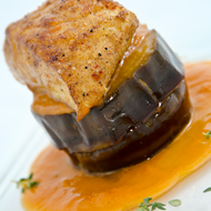 Mildly spiced turbot, eggplant confit, sweet and sour sauce