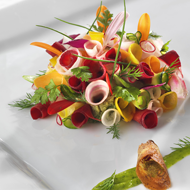 Mashed new potatoes and vegetable petals, Peru-inspired cilantro and red chili mayonnaise, quinoa tuile