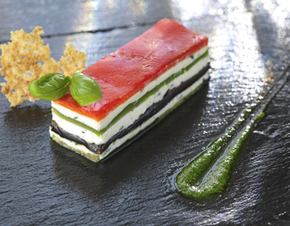 Recipe - Confit mediterranean vegetables and fresh ewe’s curd cheese napoleon, served with pesto Recipe - Confit mediterranean vegetables and fresh ewe’s curd cheese napoleon, served with pesto