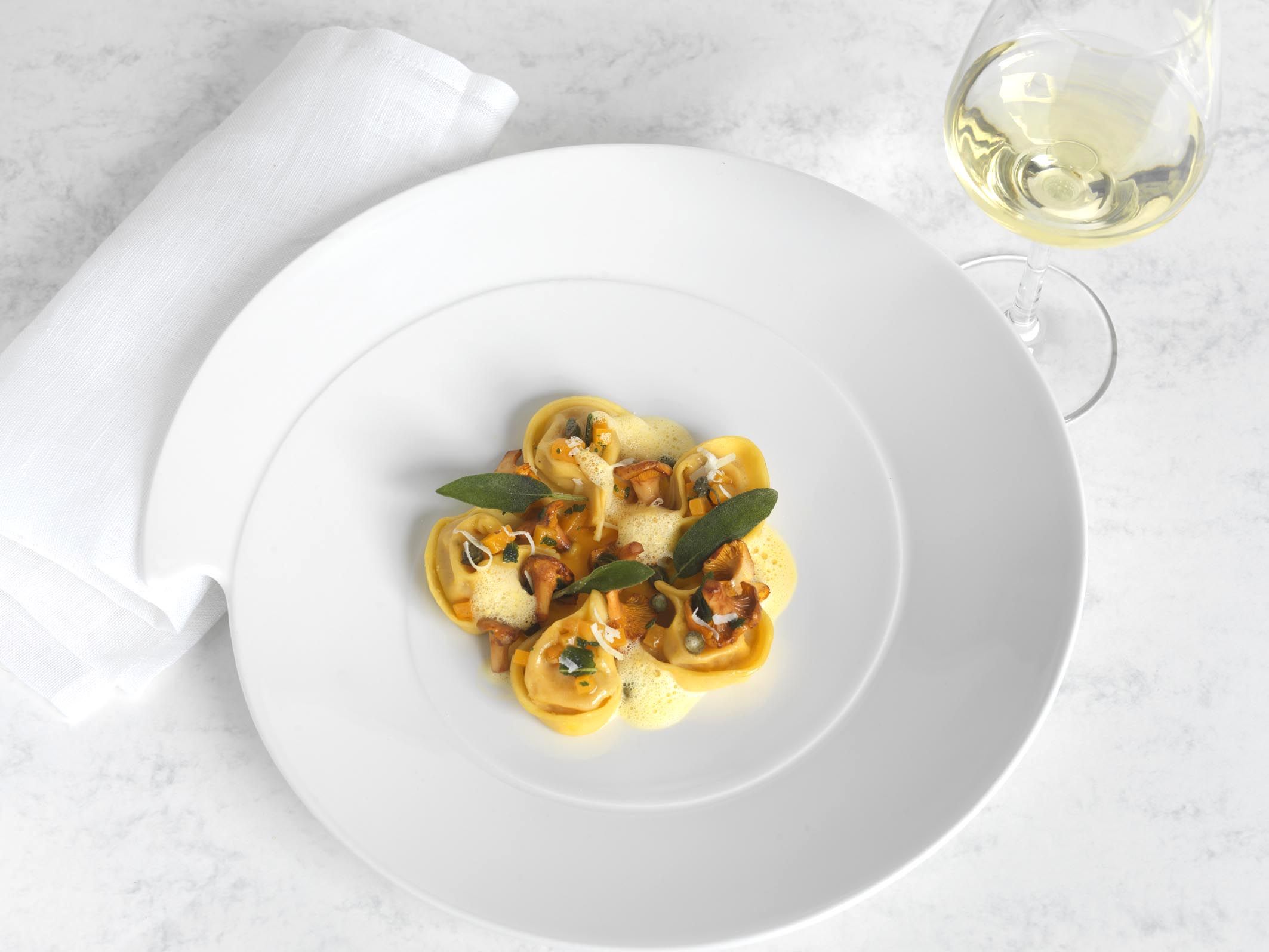 Butternut and golden chanterelle tortellini, butternut and Parmesan cream, sage and capers