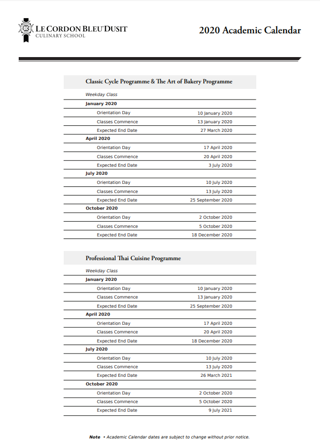 2020 Academic Calendar with Public Holidays