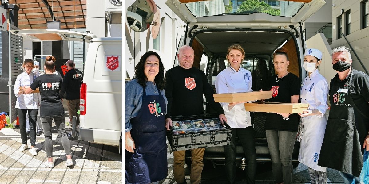 Volunteers from Le Cordon Bleu Australia, Our Big Kitchen and former Masterchef contestant Courtney Roulston donating 1,000 three-course meals for those in need
