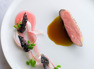 Bourbon Smoked Magret of Duck with Rhubarb Gel and Black Tapioca Cracker Recipe