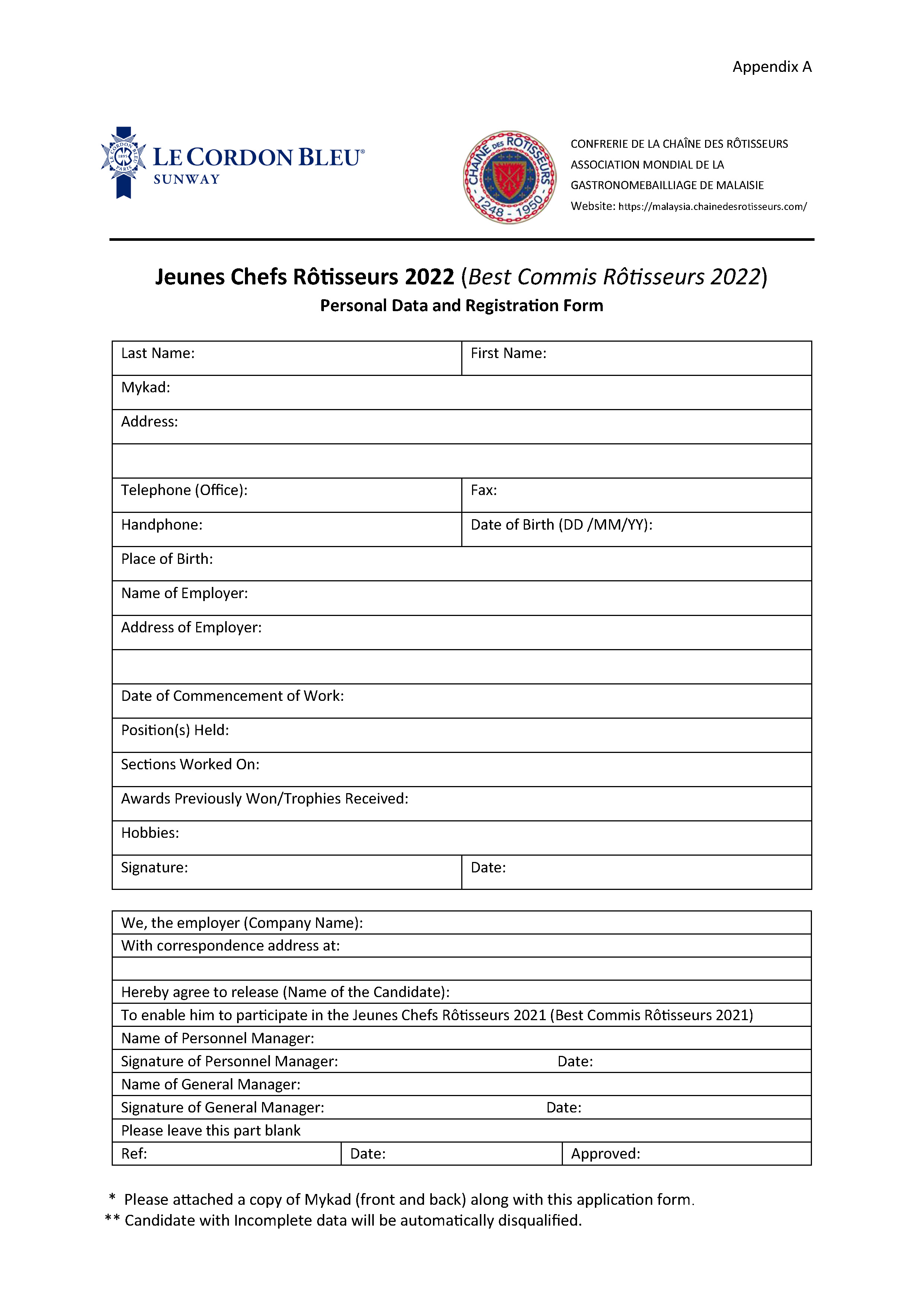 Jeunes Chefs Rotisseurs 2022 Application Form