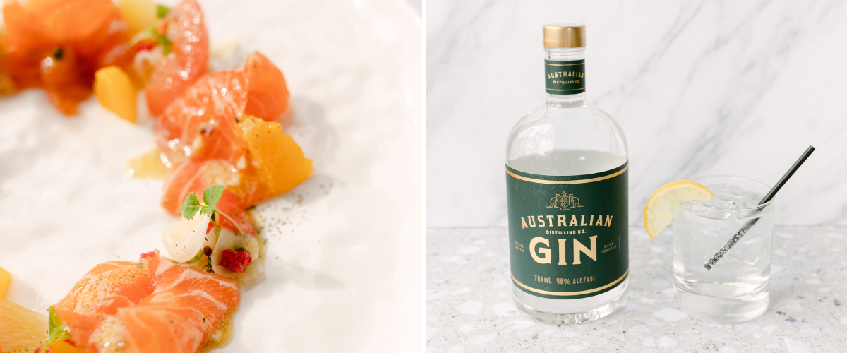 Left: Close up of Salmon Ceviche and, right: Navy bottle of Australian Distilling Co. Gin.