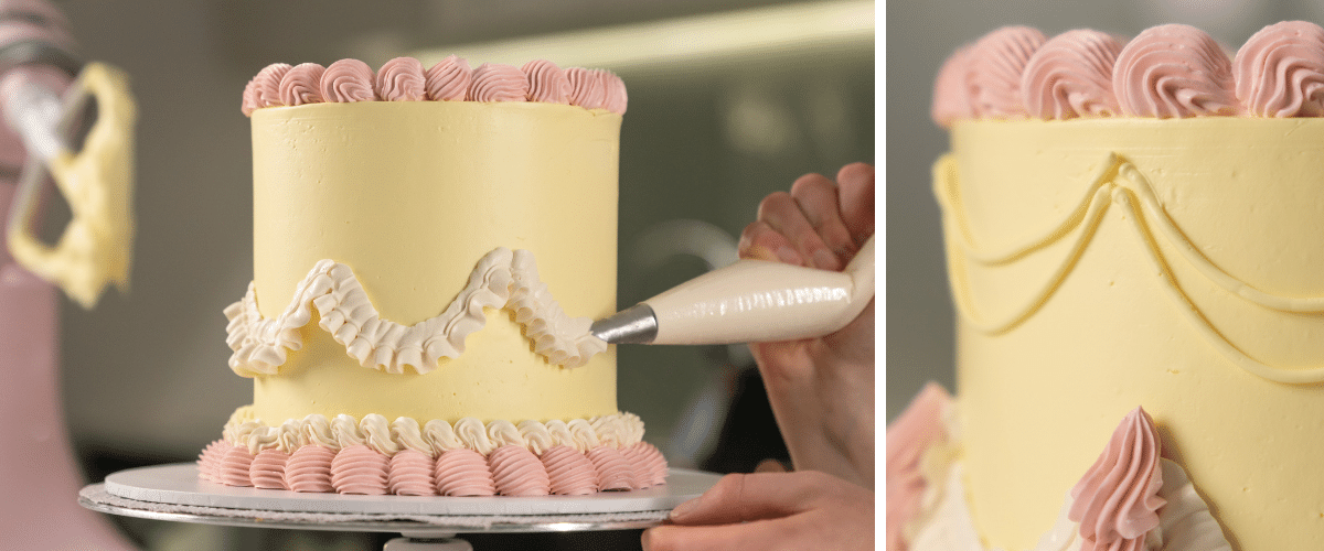 Yellow and pink iced cake and, left, closeup of intricate piping on a cake.