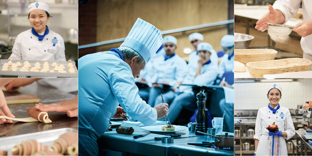 Collage of images depicting Le Cordon Bleu Australia, chefs, students and techniques.
