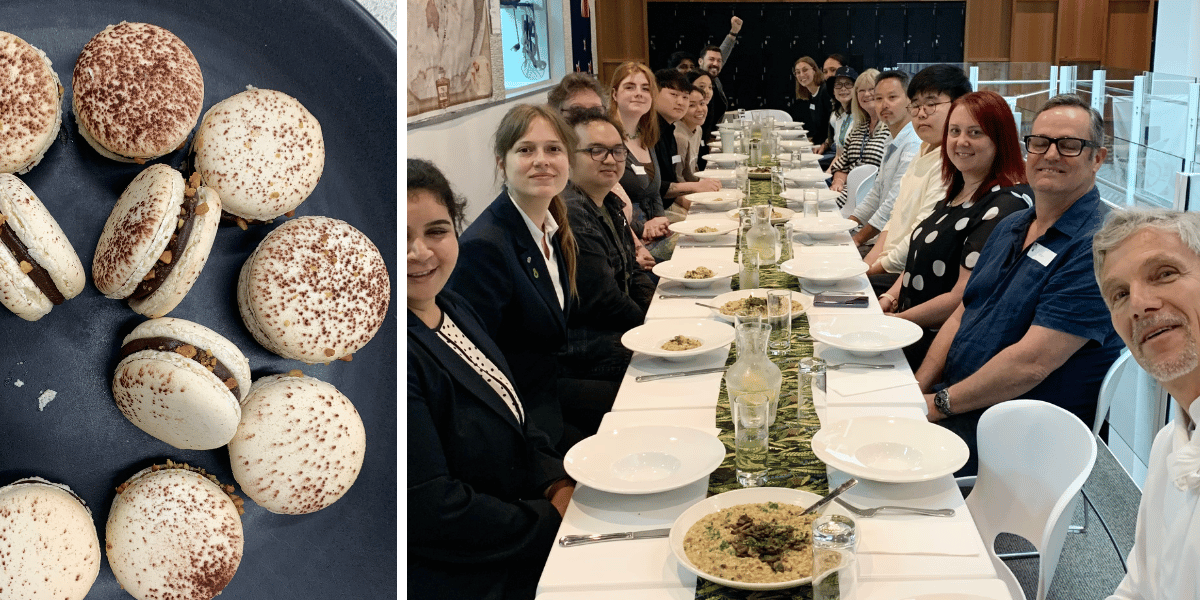 left: macarons and right, group of students enjoying a meal with lecturers