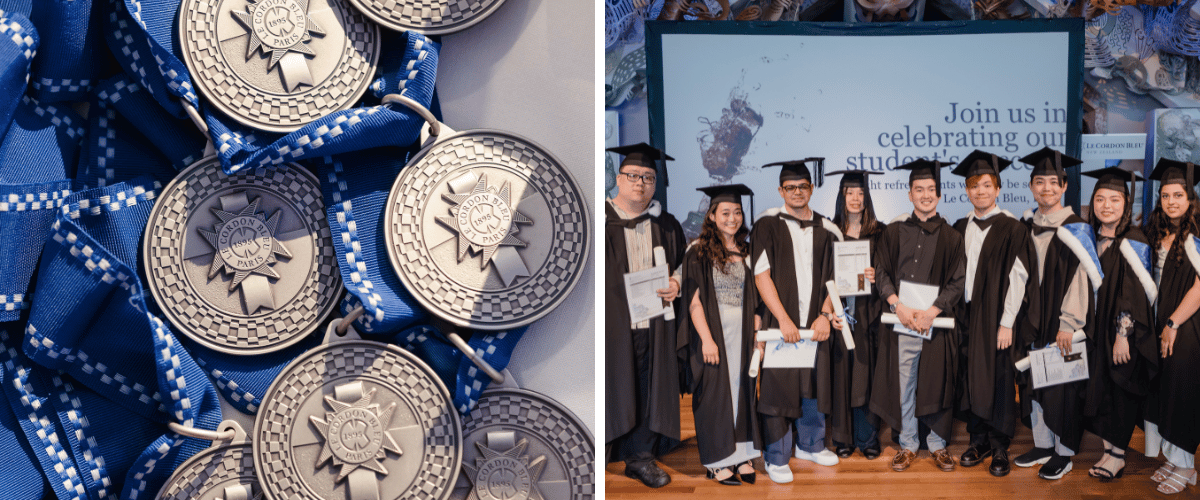 Left: medals, and right: undergraduate graduands tossing hats in the air.