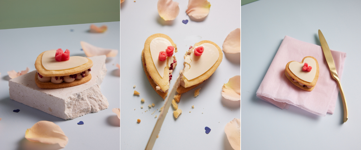 Heart shaped sable mille feuille in three seprate images.