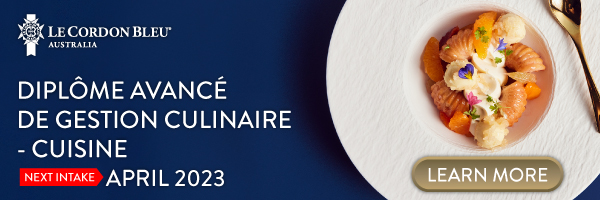 Diplôme Avancé de Gestion Culinaire - Cuisine banner. White text on blue background with plated dish.