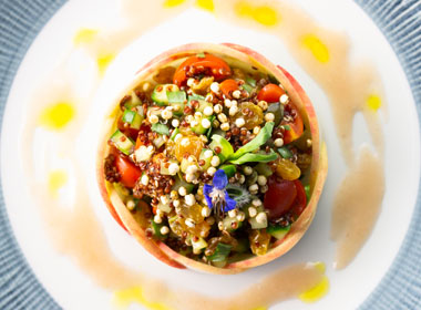 Recipe - Red quinoa and golden raisin salad with white peach and tarragon coulis