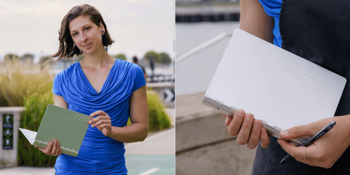 Alumna Valentina Ricchi with her latest product, a stone paper culiunary notebook.