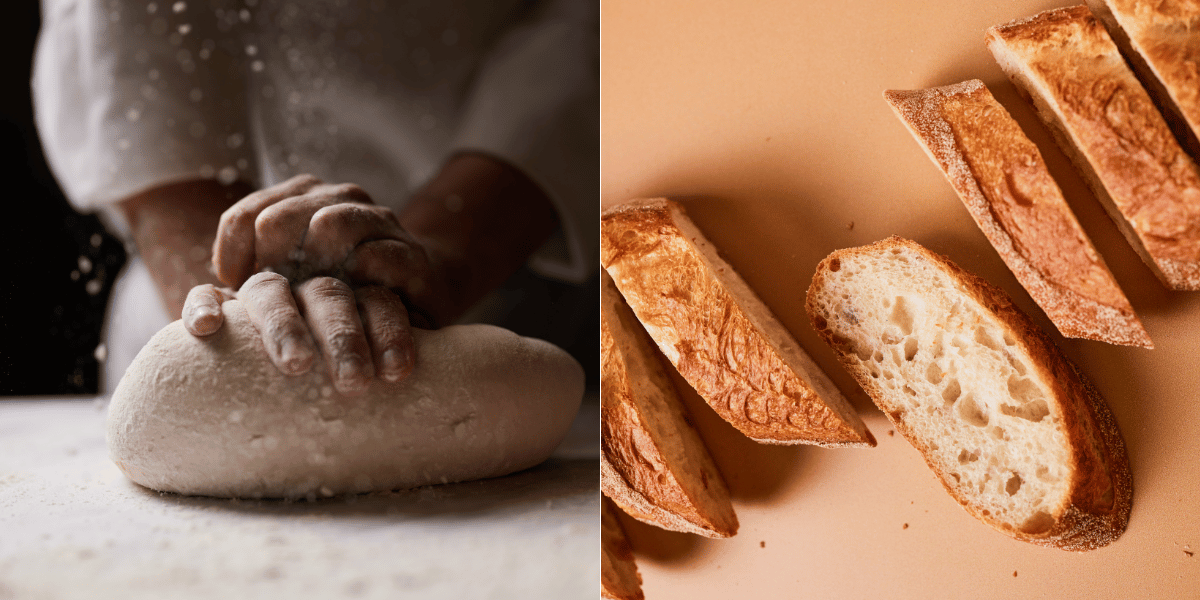 Left: Chef kneading baguette dough, right: finished baguette