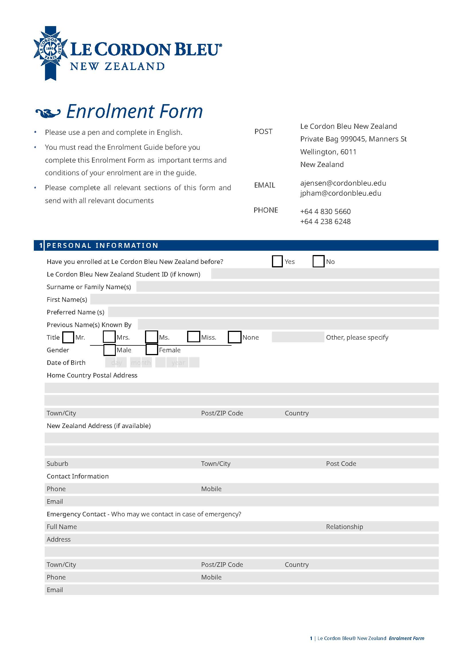 Le Cordon Bleu New Zealand Enrolment Form