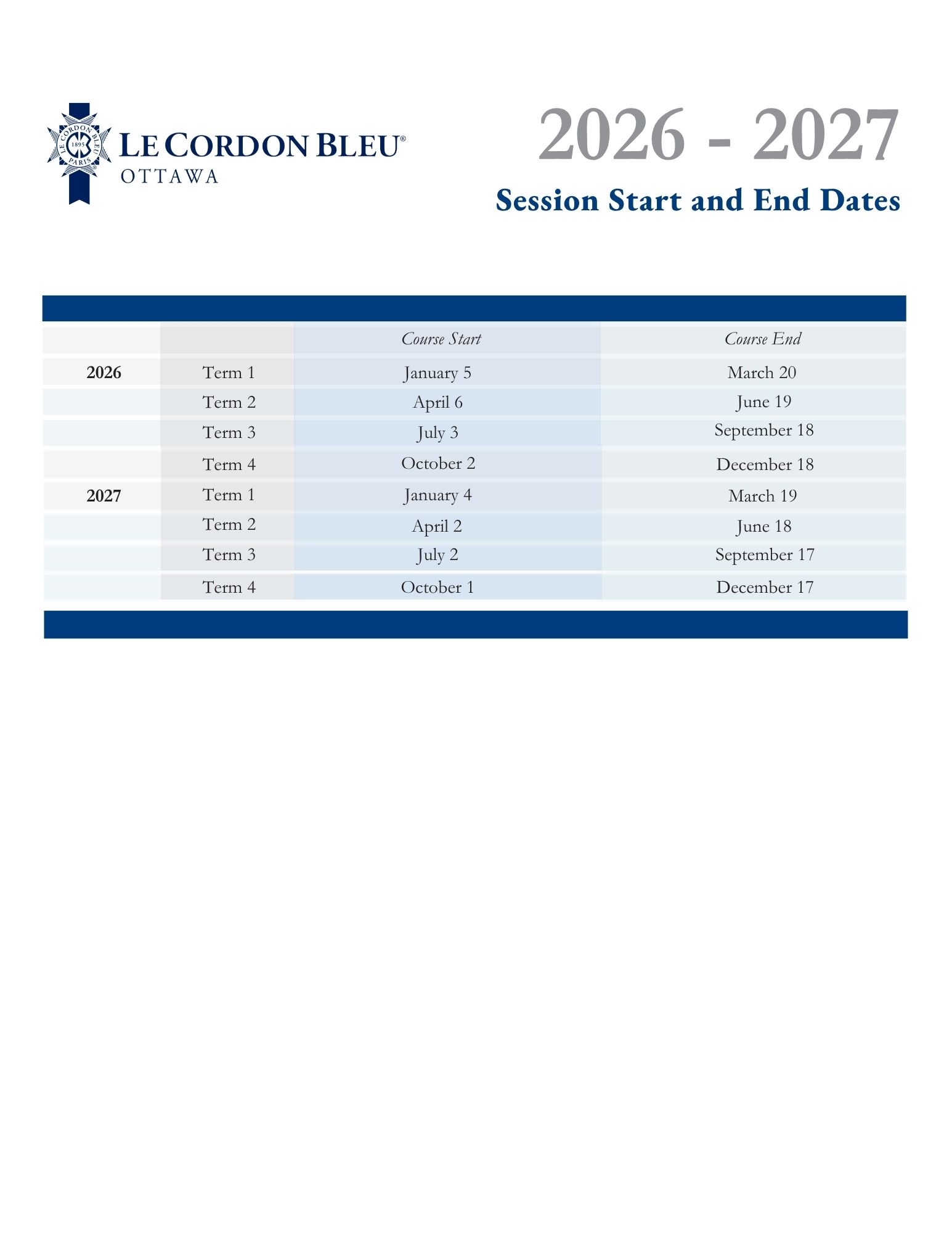 LCB Ottawa Course Calendar and Fee Schedule 2026-27