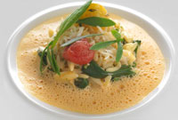 recipe crab and orzo pasta, crab sauce, confit tomato and sea vegetables